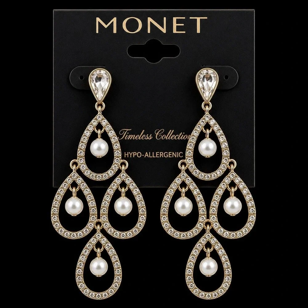 Vintage Monet Crystal Faux Pearl Chandelier Earrings Sample One of a Kind 3